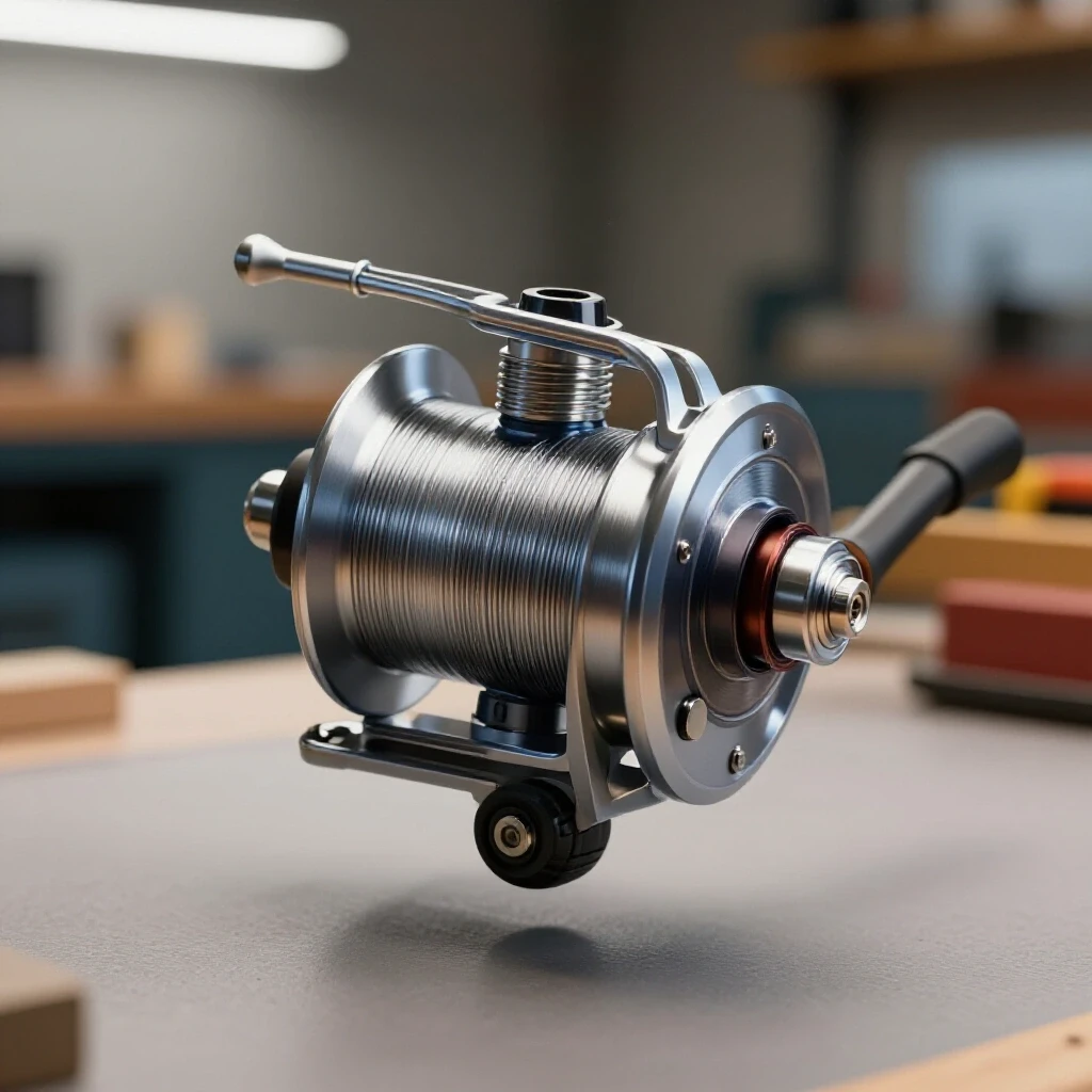 Close-up of a spool gun with shiny aluminum spool showcasing the tension adjustment mechanism in a workshop setting.