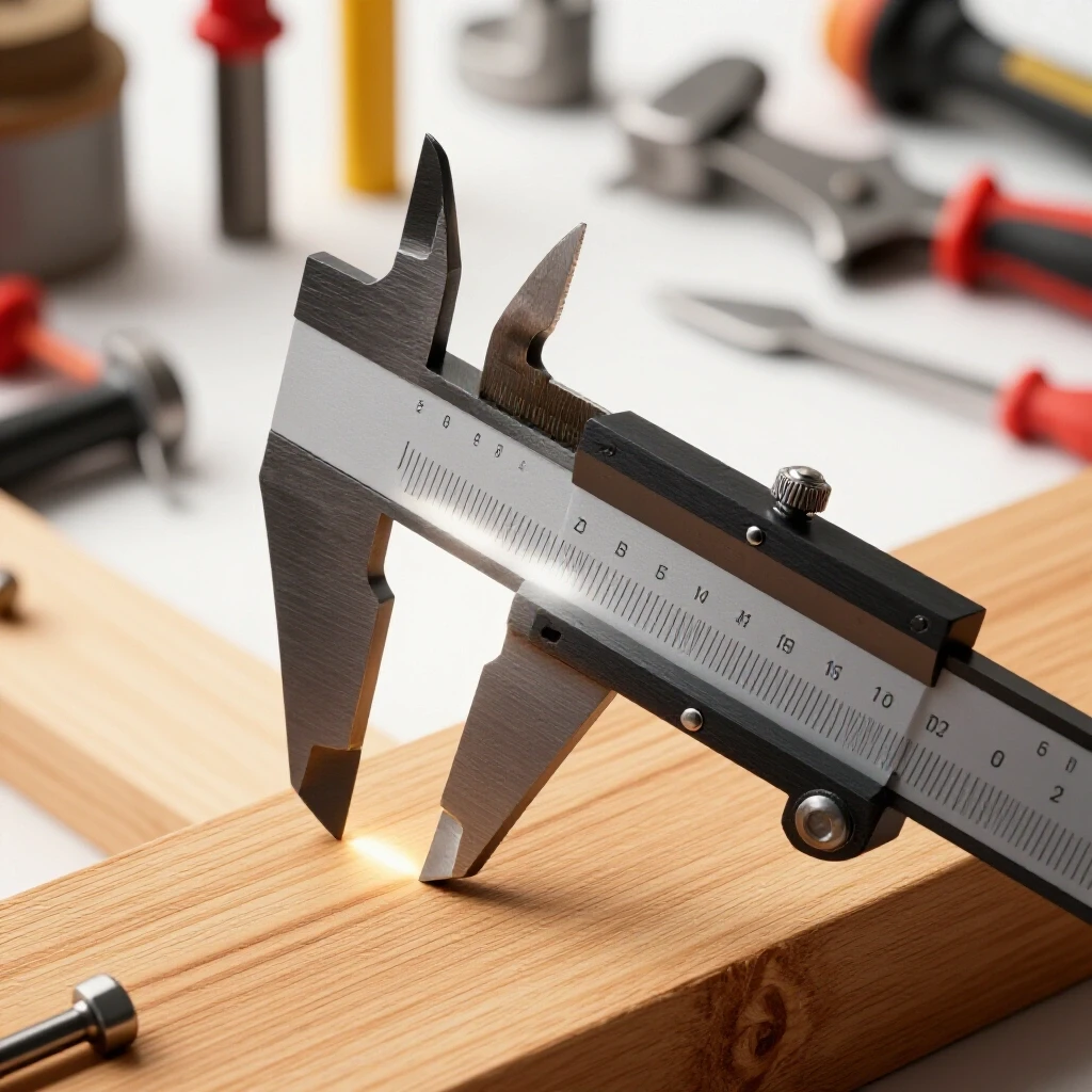 Close-up of a caliper depth stop on wood, with workshop tools in a blurred background, highlighting precision.