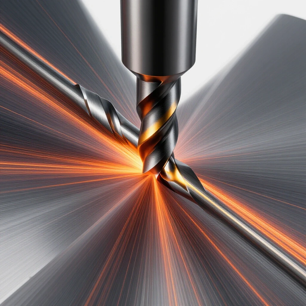A carbide end mill cutting through vibrant metal, illustrating precision and optimal feeds and speeds.