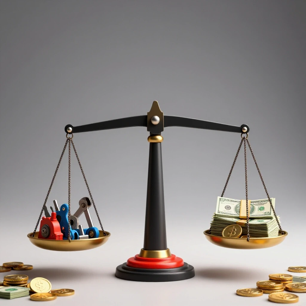 A balance scale with tools and machinery on one side and cash on the other, symbolizing cash flow in custom fabrication.