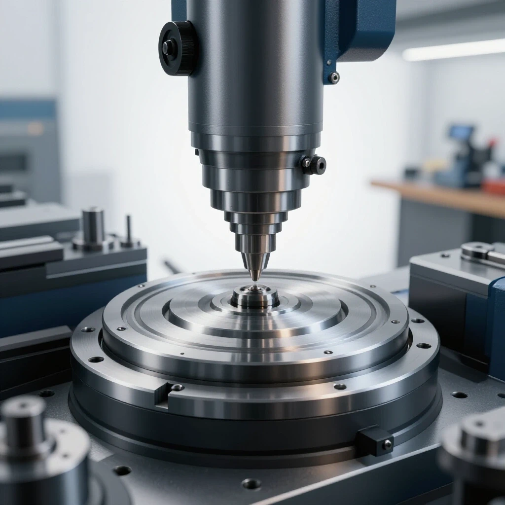 A precision milling machine rotary table surrounded by blurring workshop tools in motion, emphasizing accuracy and precision.