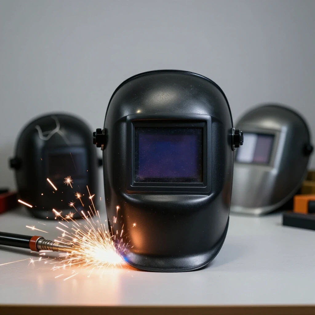 A high-quality welding helmet contrasted with a cracked helmet in a bright workshop, with sparks from welding action