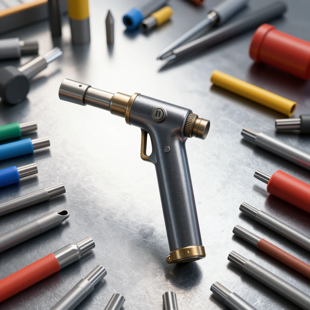 Close-up of a shiny welding torch surrounded by various welding consumables on a metallic workbench.