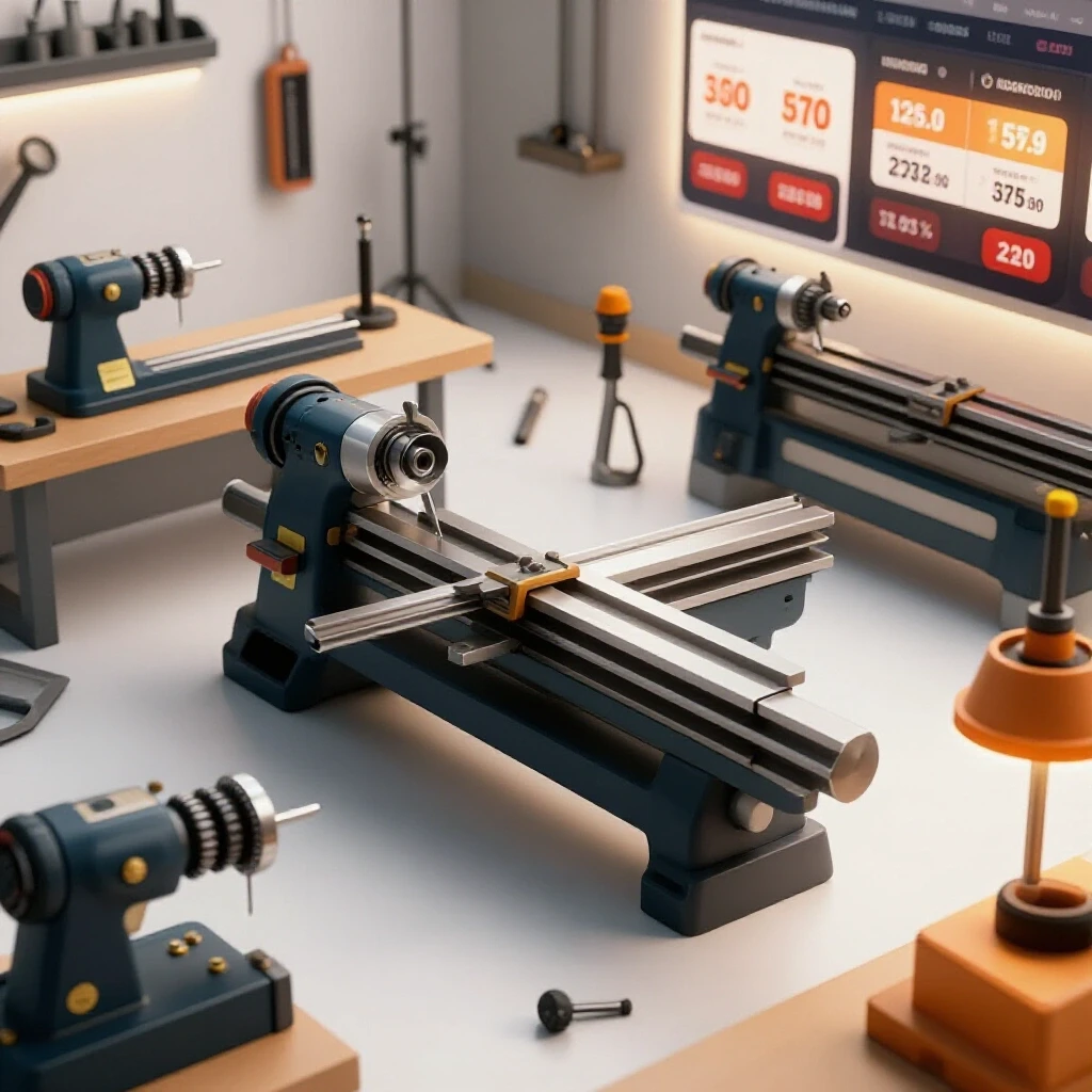 A bright, modern workshop featuring various metalworking tools and a digital shopping interface displaying discounts.