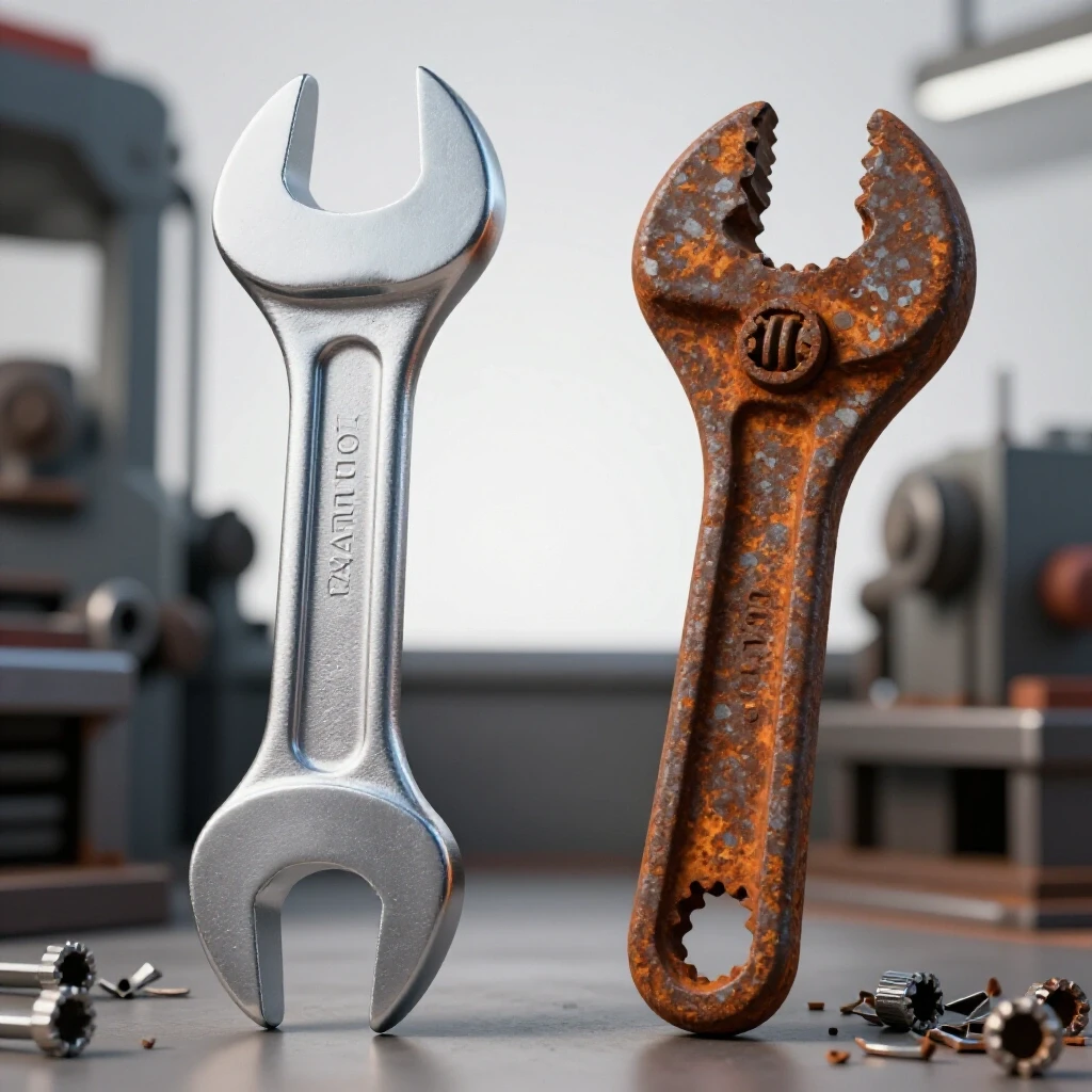 A polished metalworking tool contrasts with a rusted cheap tool against a backdrop of heavy machinery.