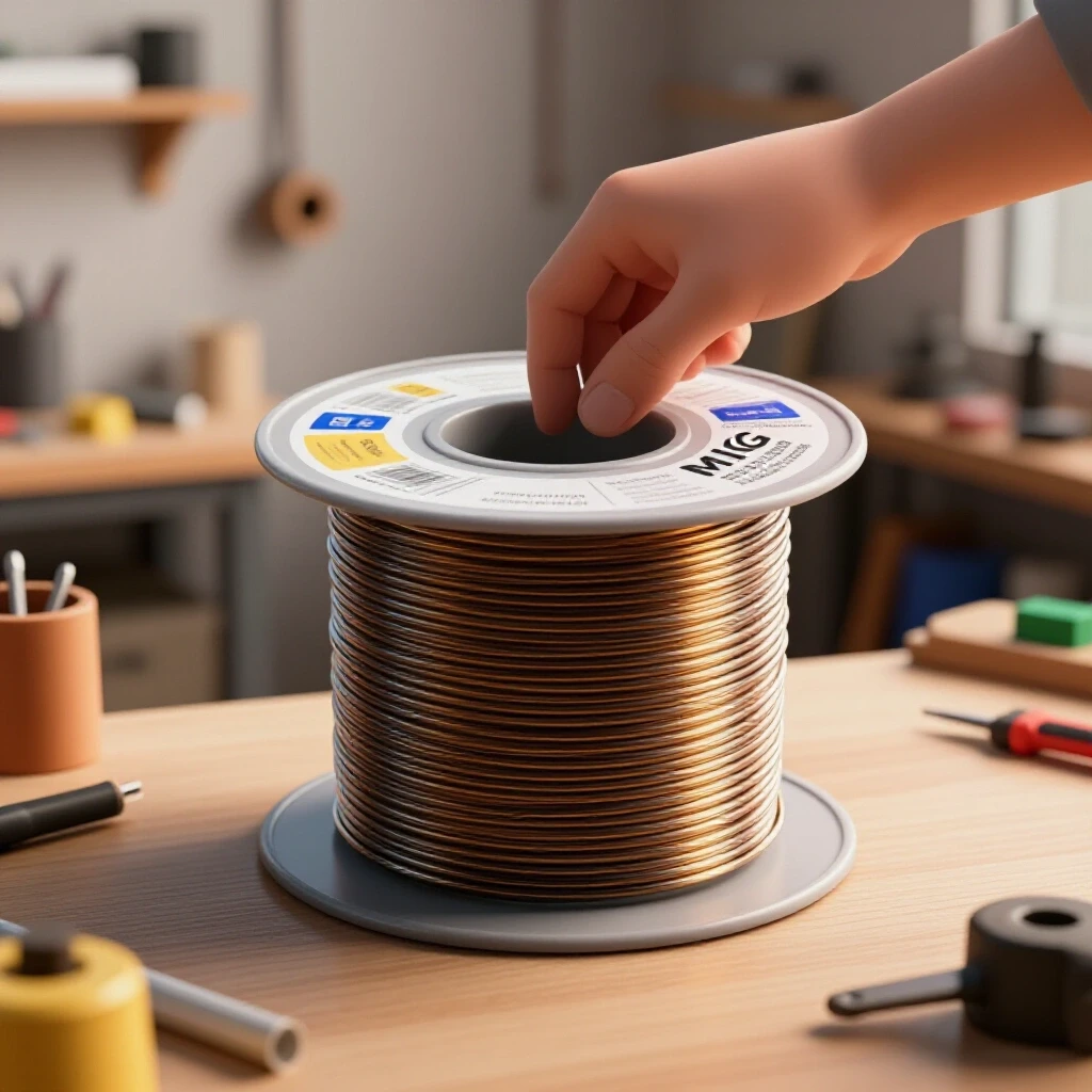 A hand inspecting a spool of MIG welding wire amidst a cluttered workshop, symbolizing quality and safety.