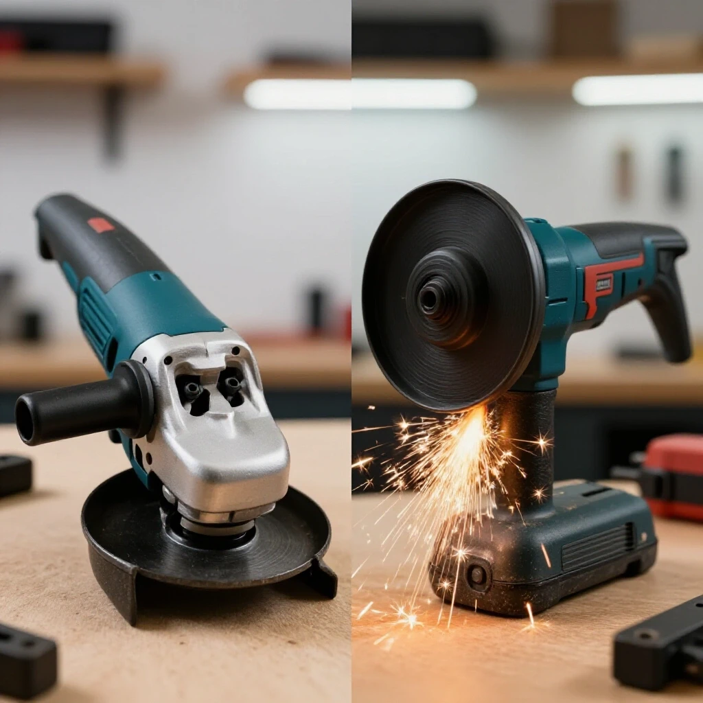 A split-image showing a high-end angle grinder on the left and a budget-friendly model on the right, with sparks flying in a workshop setting.