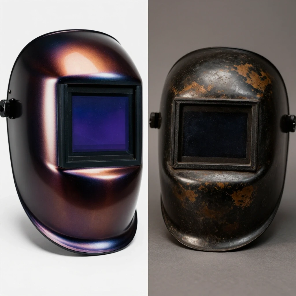 A split-image contrasting a sleek high-end welding helmet with a rugged budget helmet, showcasing quality differences.