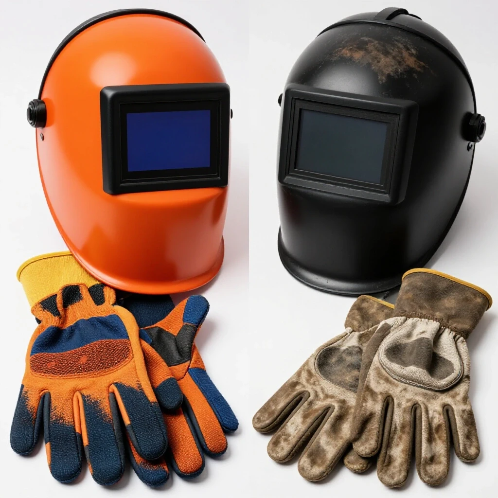 Comparison of vibrant, high-quality welding safety gear against worn, dull items emphasizing safety and quality differences.