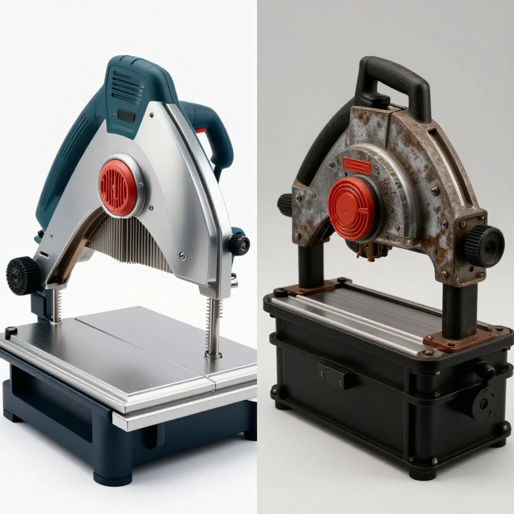 Comparison image of a high-end polished metal bandsaw and a rugged budget bandsaw, showcasing contrasting designs and lighting.