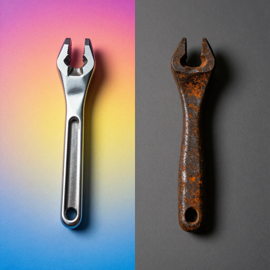 A comparison of a shiny metalworking tool contrasting with a rusty tool, illustrating quality differences in tool craftsmanship.