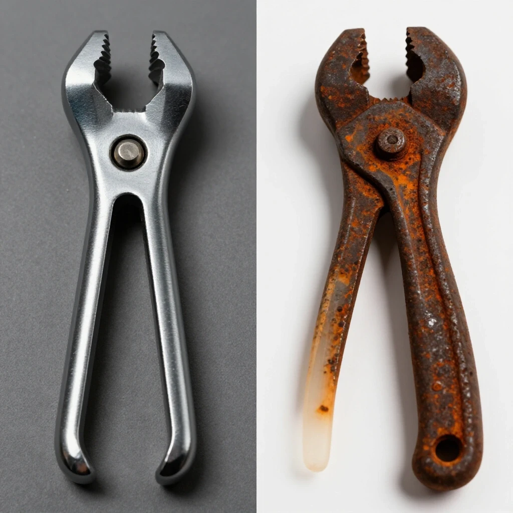 A split-image showing a shiny metalworking tool contrasting with a rusted cheap tool, symbolizing quality investment.