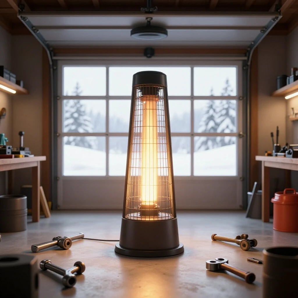 A cozy garage workshop with metalworking tools, a glowing heater, and a snowy view outside the window.