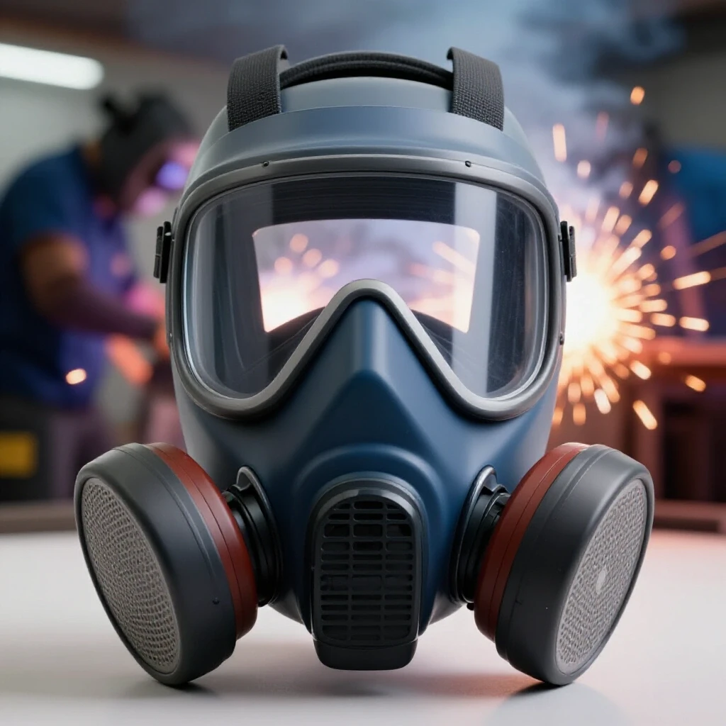 Close-up of a half mask respirator against a blurred welding scene with bright sparks, emphasizing safety in DIY welding.