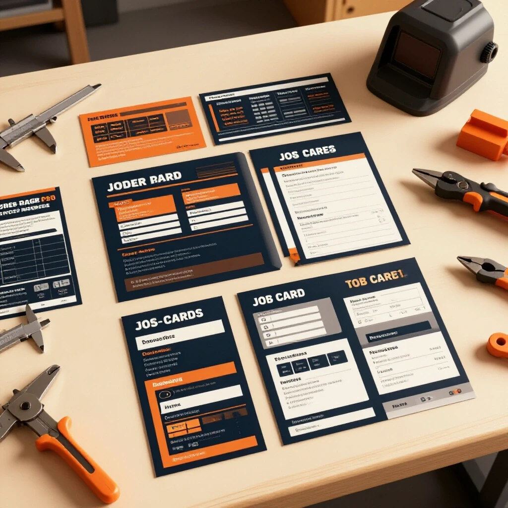 An organized workspace displaying job card templates alongside fabrication tools, creating a creative atmosphere for DIY projects.