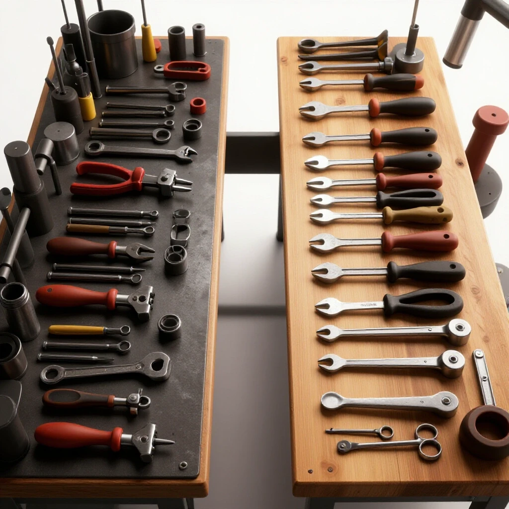 A contrasting workshop bench with one side cluttered with mismatched tools and the other side organized with high-quality metalworking tools.