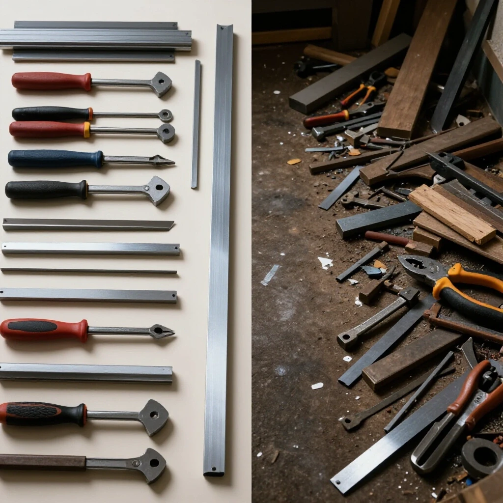 A split image showing a neat workshop with quality steel tools on one side and a messy workspace with low-quality steel on the other, illustrating the importance of choosing a steel supplier.