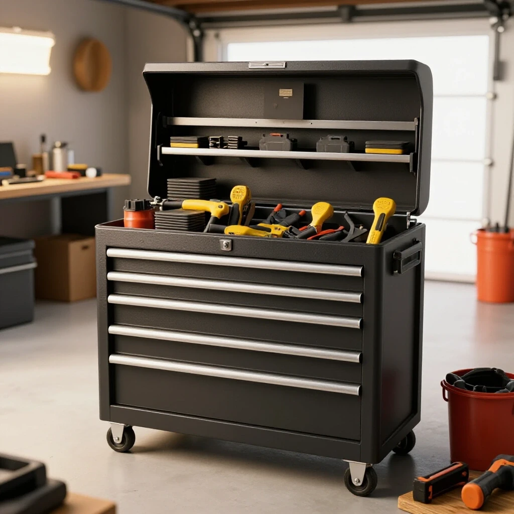 A well-organized tool storage chest in a bright garage setting, highlighting organization versus clutter.