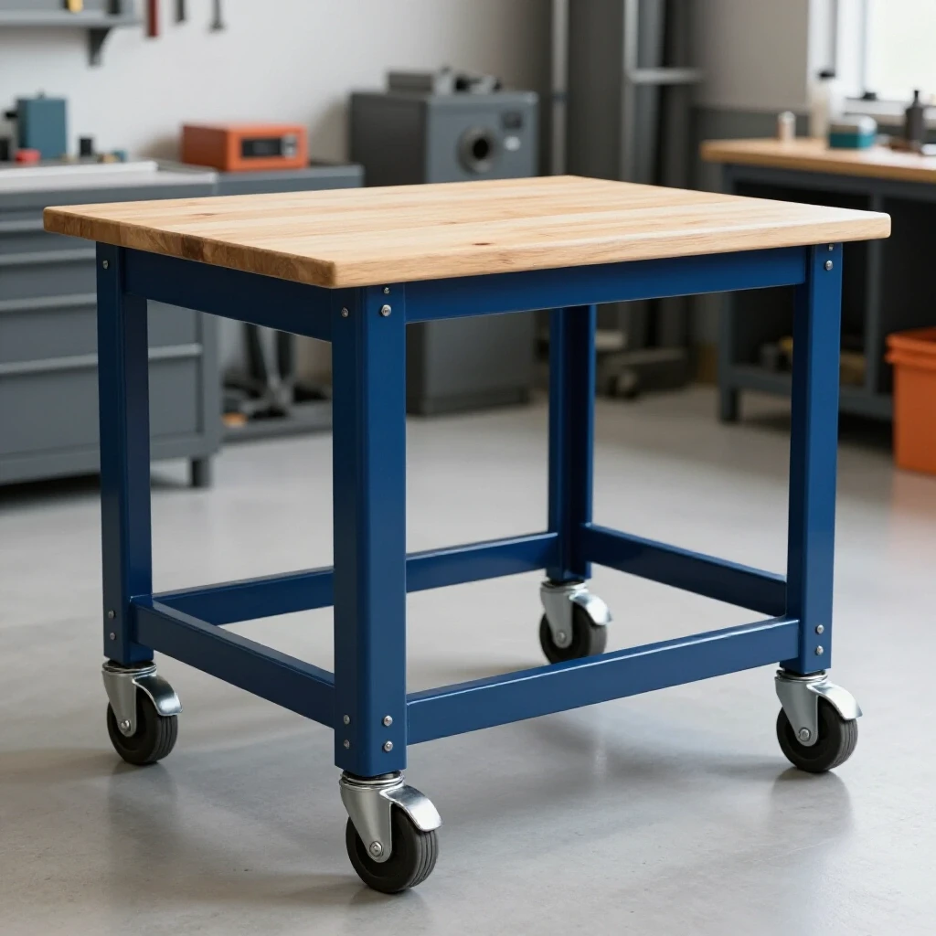Robust workbench with heavy-duty rolling casters set in a bright industrial workshop background.