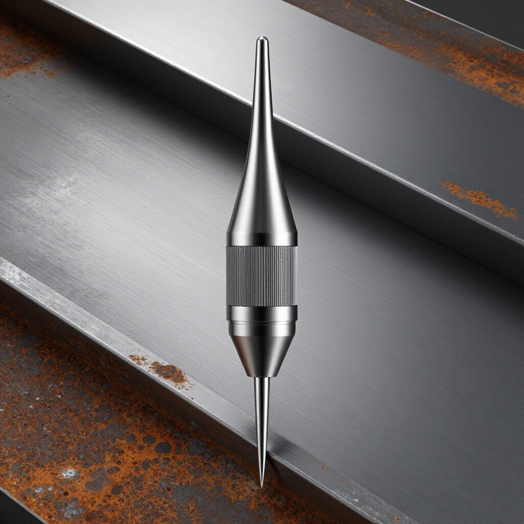 An air needle scaler showcasing its effectiveness on metal surfaces, highlighted with dramatic lighting and contrasting textures.
