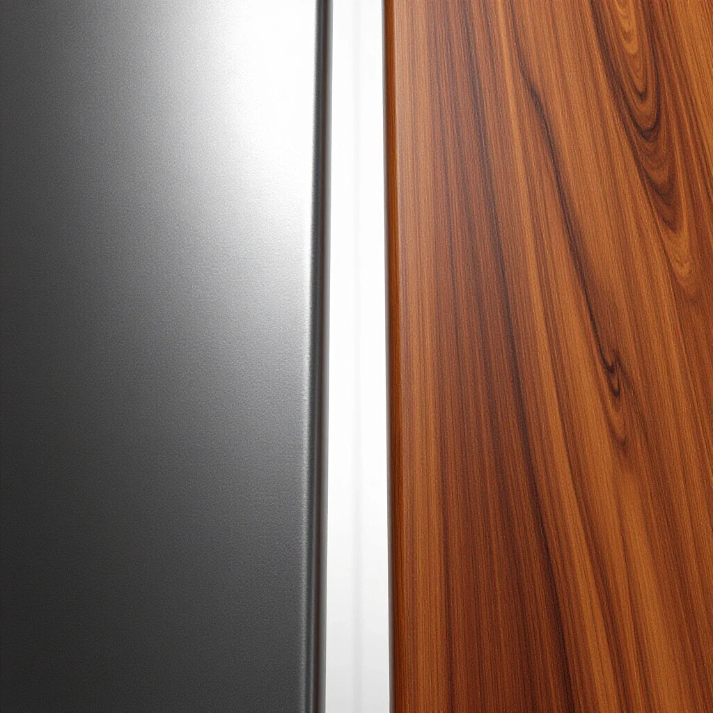 A split image featuring a polished metal surface and a rich wood grain, showcasing the contrast between materials.