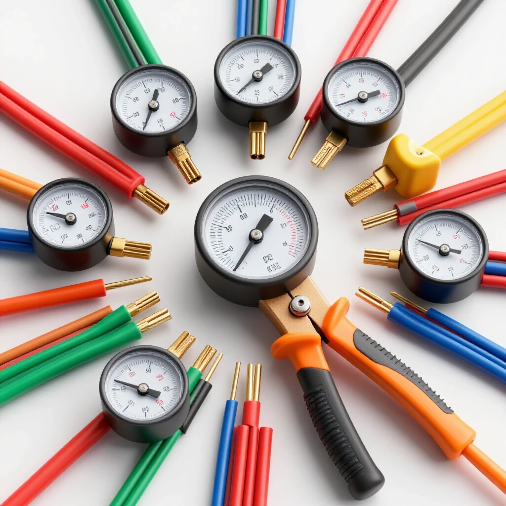 Close-up of vibrant gauge wires arranged circularly with a heavy-duty electrical tool at the center, showcasing precision and strength.