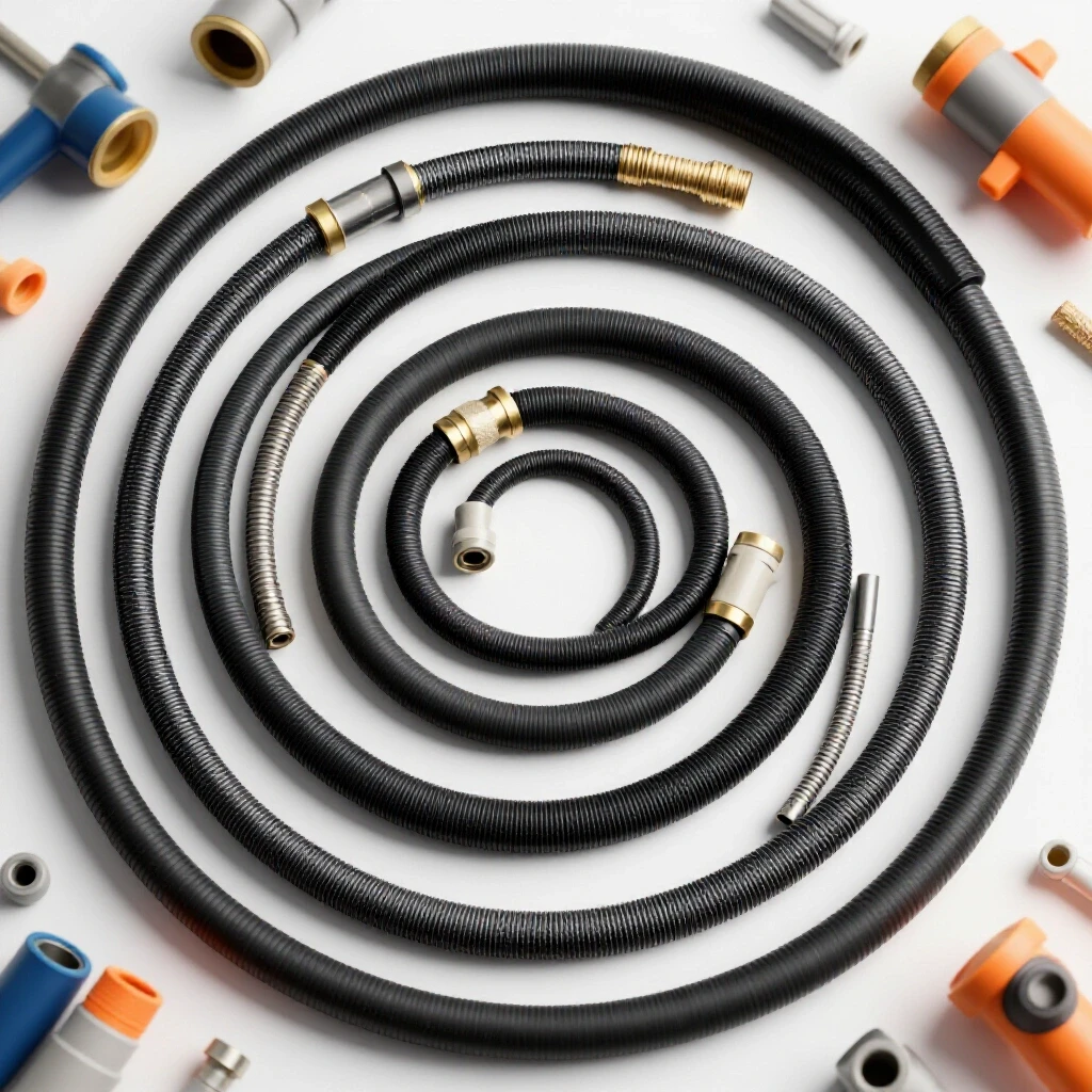A dynamic spiral of rubber, PVC, and braided hoses in a well-organized workshop showcasing essential tools.