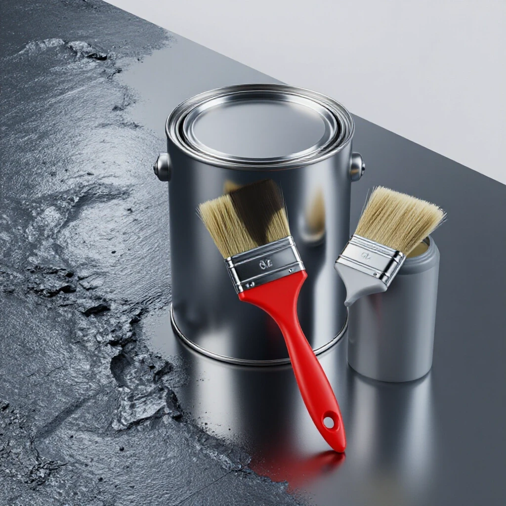 A polished metal surface next to a rough, unprimed surface with a primer can and paintbrush, highlighting painting techniques.