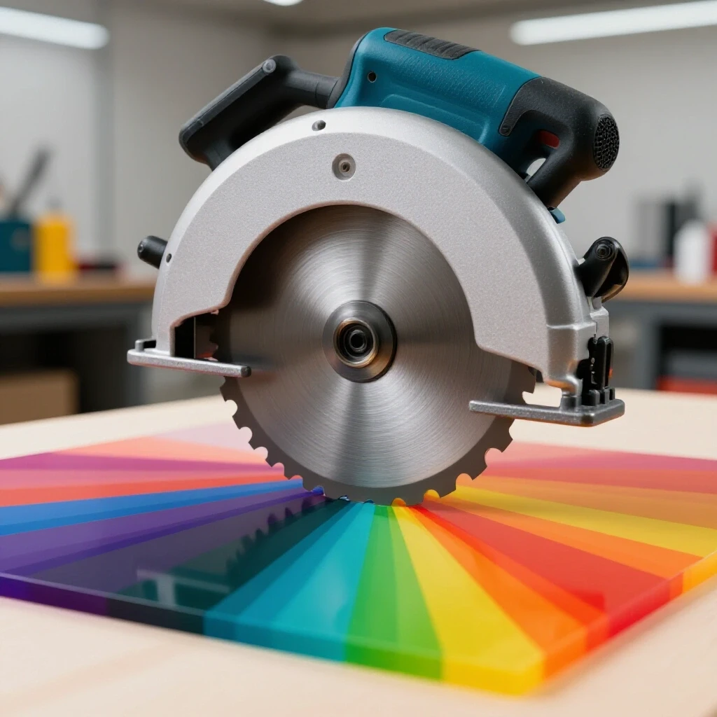 A circular saw blade slicing through a vibrant acrylic sheet, showcasing colorful patterns in a workshop setting.