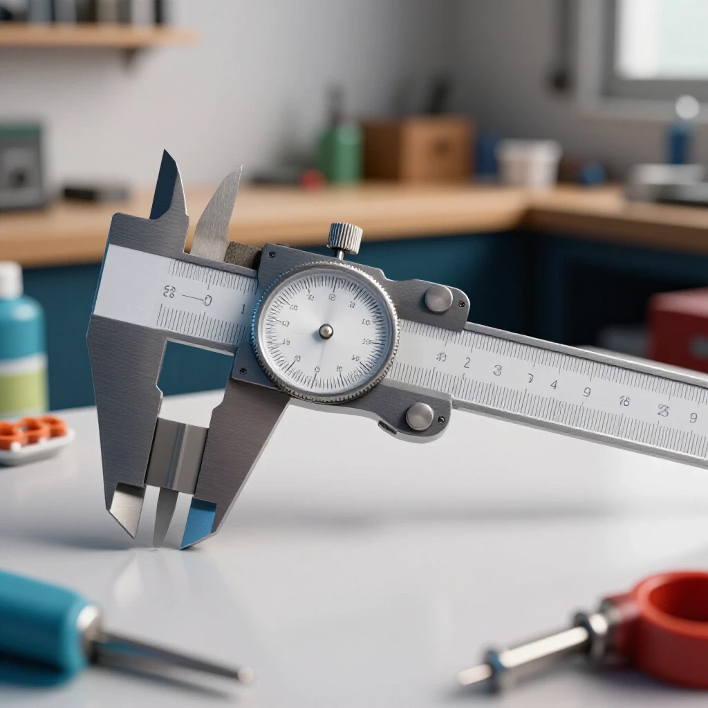 Close-up of a shiny dial caliper on a bright workshop bench with cleaning supplies subtly included.