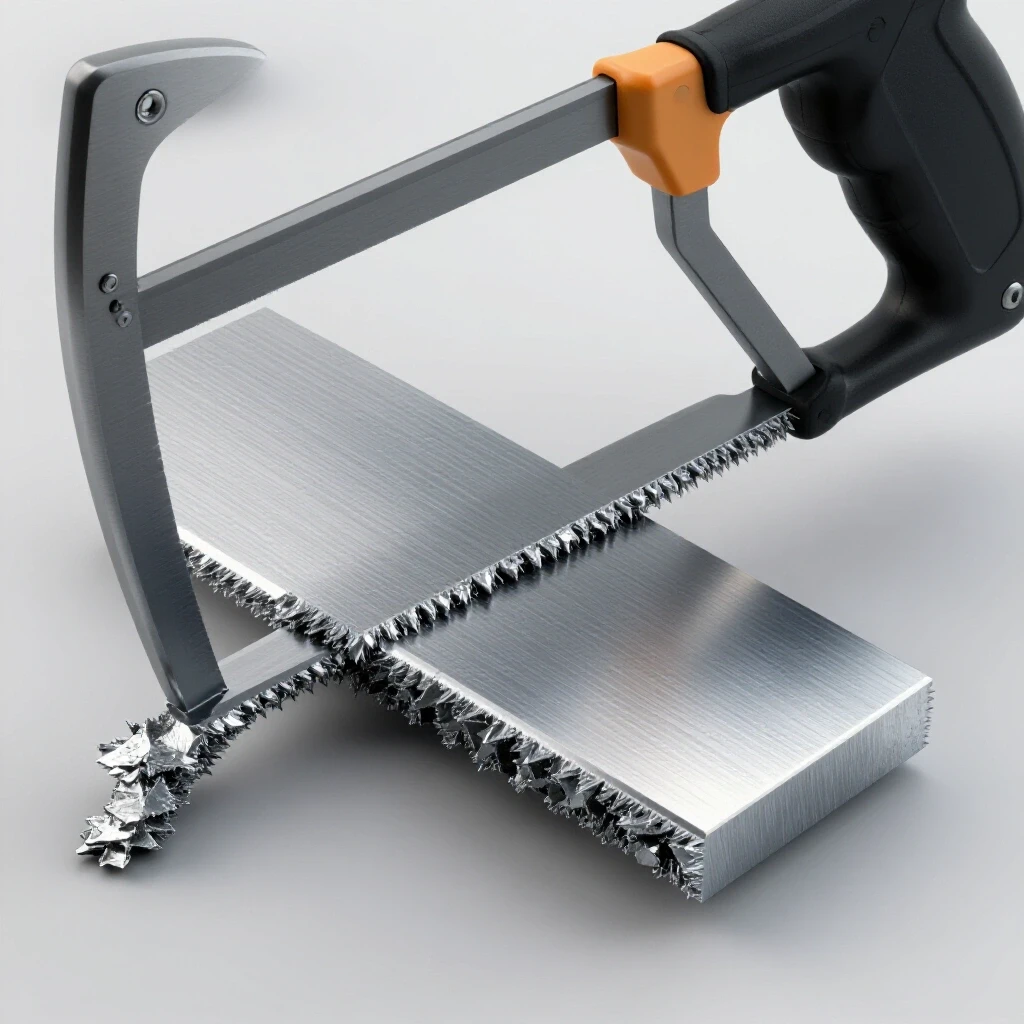 Close-up of a shiny metal piece beside a hand hacksaw, highlighting clean cuts and craftsmanship.