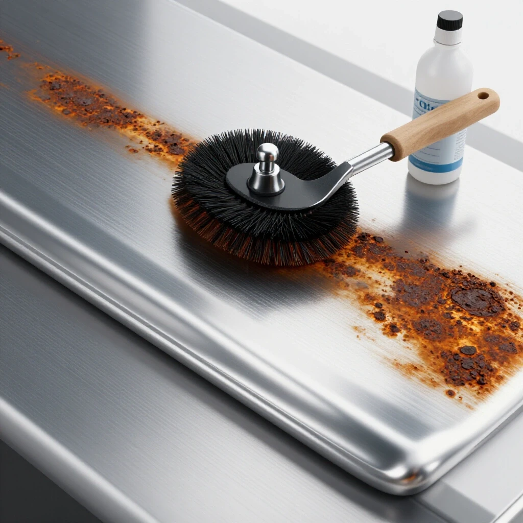 Close-up of a glossy aluminum surface being polished next to oxidized metal, with a wire brush and cleaning solution.
