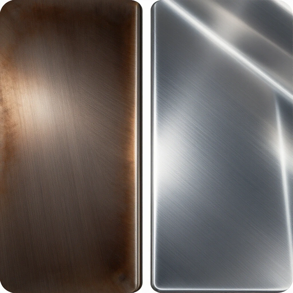 Before and after image showing the difference in stainless steel surface after weld heat tint removal, highlighting shiny areas.