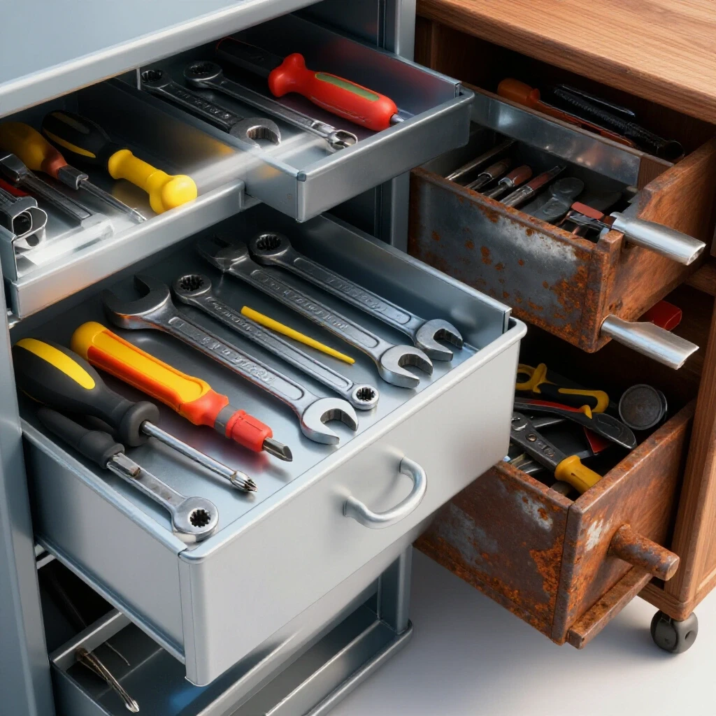Vivid comparison of a restored metal tool drawer and a cluttered, rusty drawer, highlighting tool organization and restoration.