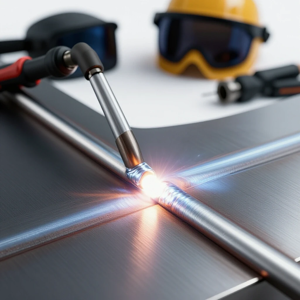 Close-up of a shiny TIG weld bead on steel, surrounded by blurred welding tools and safety gear.