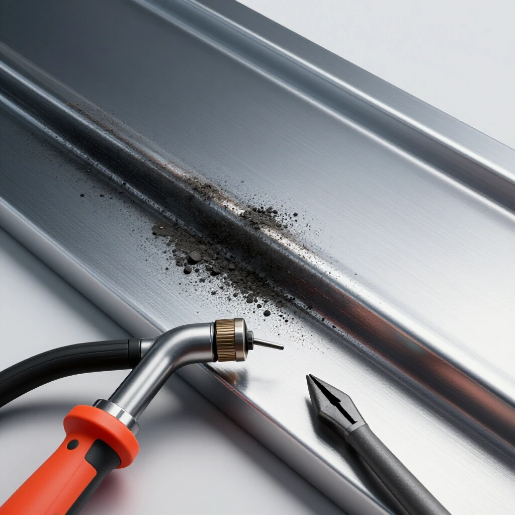 Close-up of clean and dirty aluminum surface with a welding torch and cleaning tools, showcasing preparation for welding.