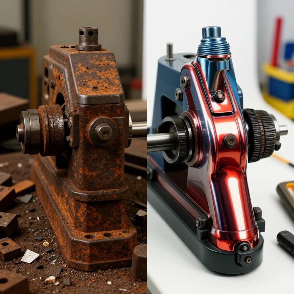 A comparison of a rusted workshop machine tool and a shiny, cleaned tool on a well-organized workbench, highlighting the cleaning process.