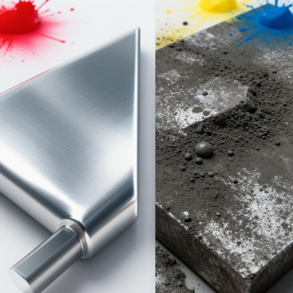 Close-up image displaying a shiny cleaned metal surface beside a rough dirty surface, with vibrant paint splashes in the background to represent spray painting preparation.