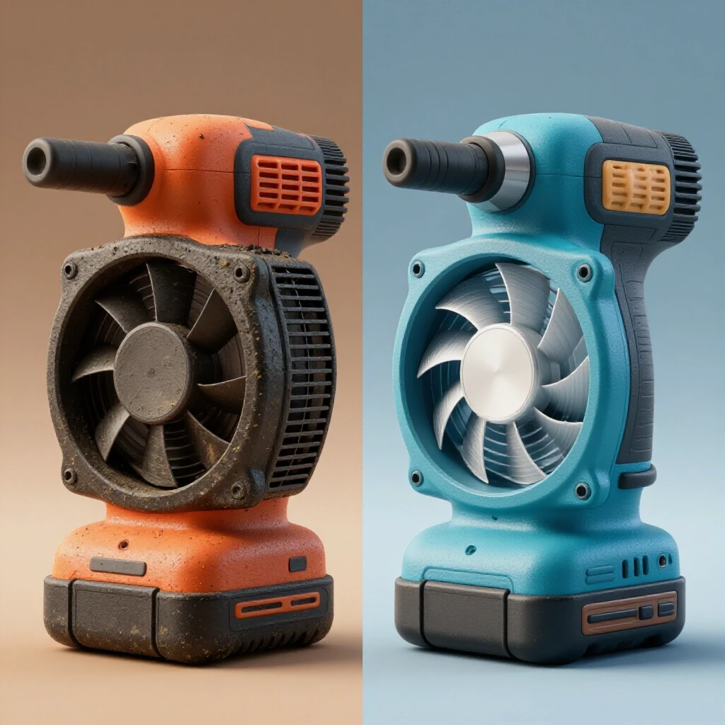 A close-up image showcasing a power tool with a dirty cooling fan on one side and a clean fan on the other, emphasizing maintenance contrast.