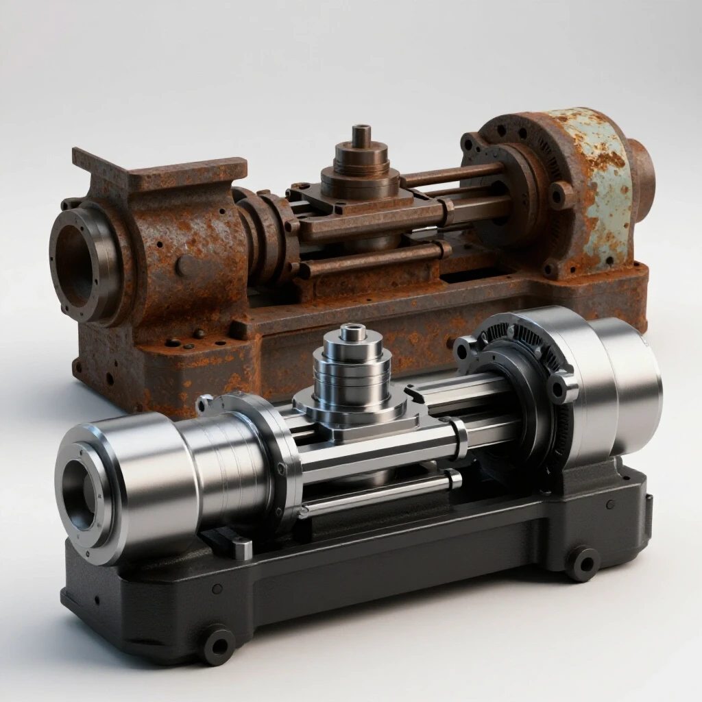A polished metal lathe apron gearbox juxtaposed with a rusty version, highlighting restoration in vivid detail.