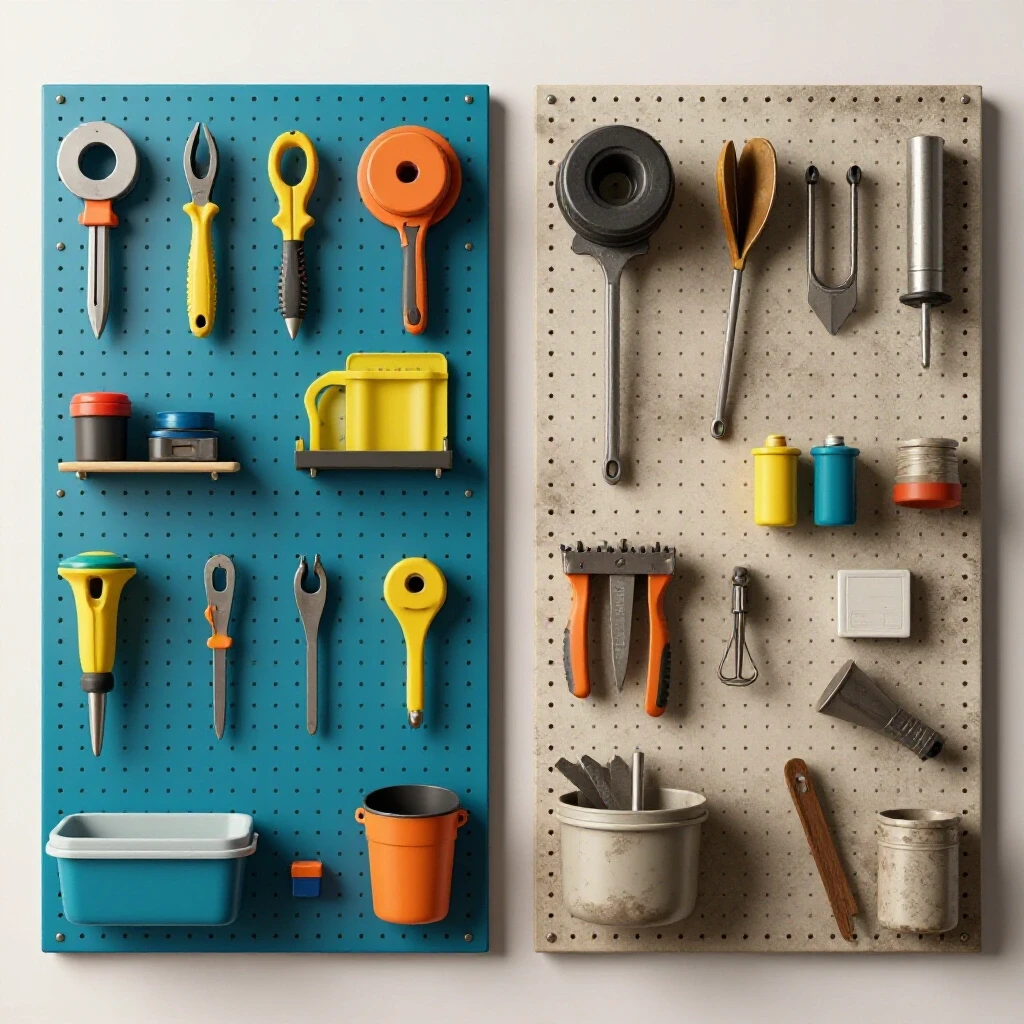A vibrant, freshly cleaned pegboard displayed alongside a dull, cluttered pegboard, showcasing a tool restoration transformation.