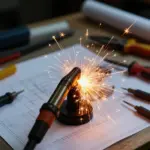 Close-up of a welding torch creating sparks against a blurred workshop table filled with tools and blueprints.