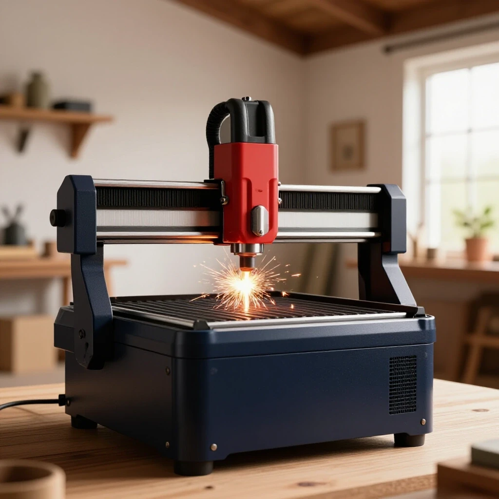 A modern CNC plasma cutter in action, surrounded by a warm and inviting home workshop atmosphere with sparks flying.