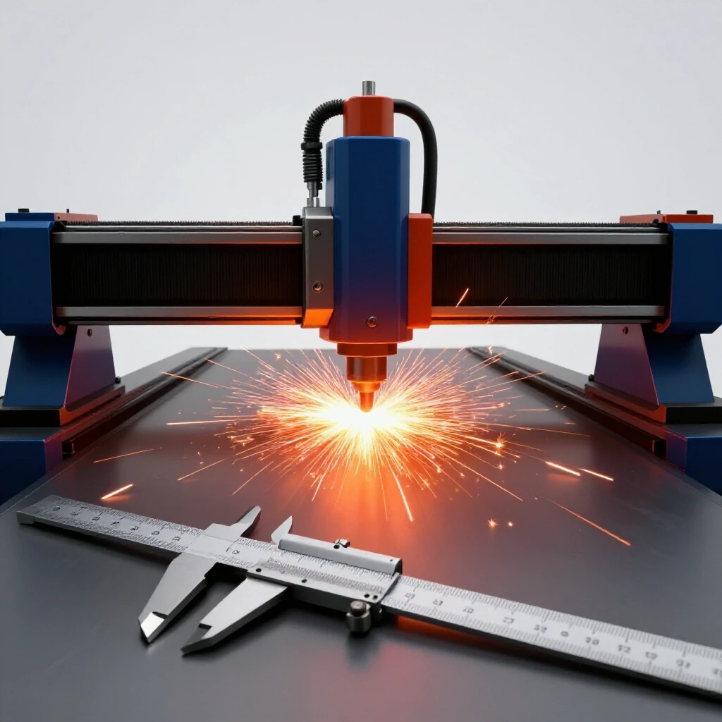 Close-up of a CNC plasma gantry in action with sparks, featuring a ruler and molten metal to emphasize precision.