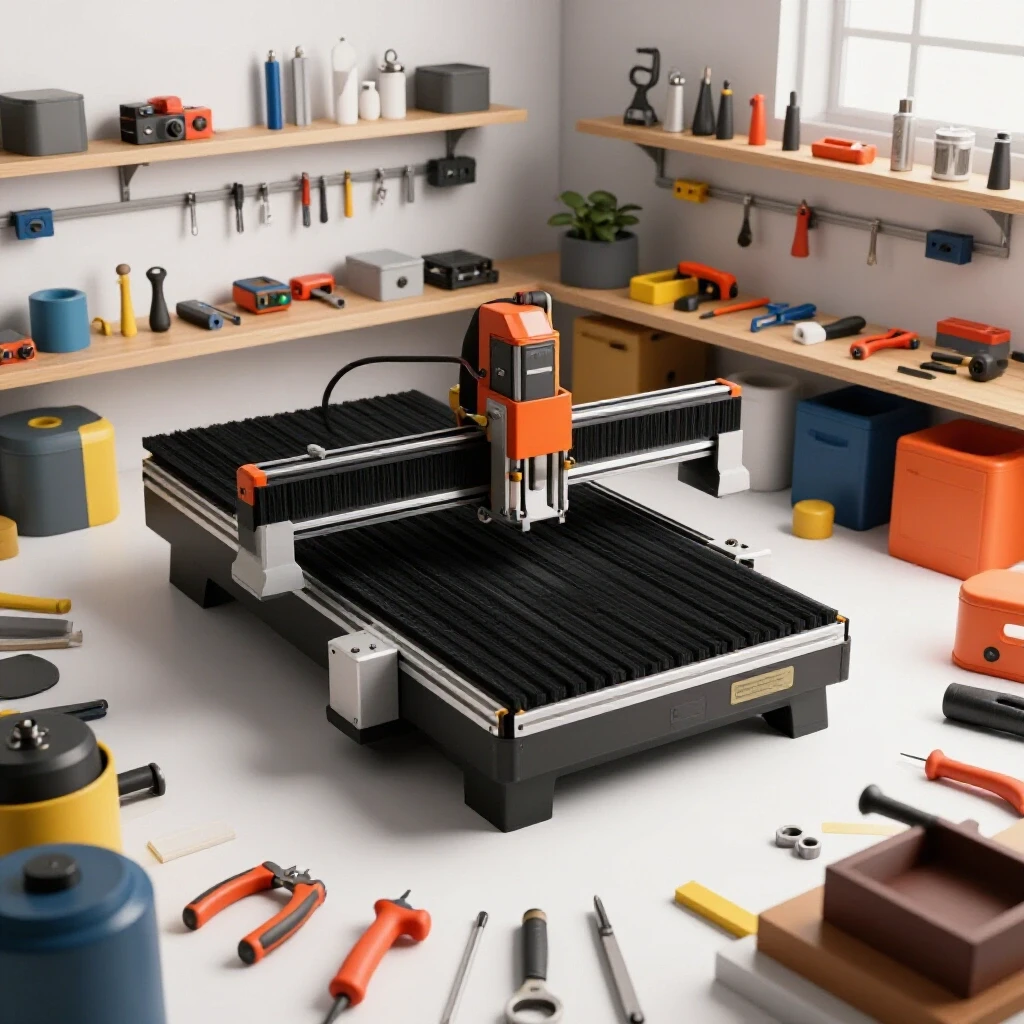 CNC router in a well-organized workshop setup with tools and materials, highlighting a dynamic workspace for beginners.