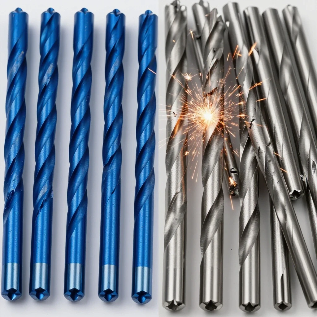 Visual comparison of cobalt drill bits and high-speed steel drill bits showing performance differences with sparks and shavings.