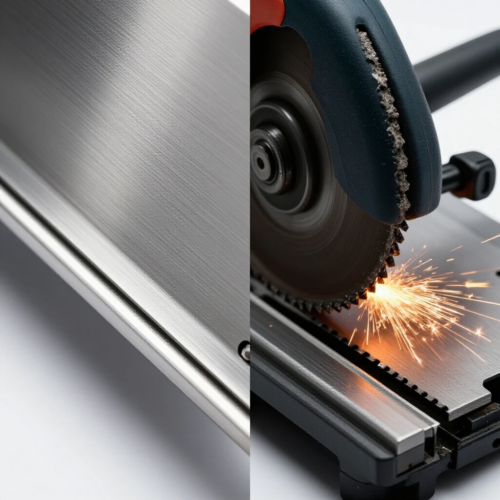 A visual comparison of a cold saw with a polished edge and an abrasive chop saw with a rough edge, illustrating cutting techniques.
