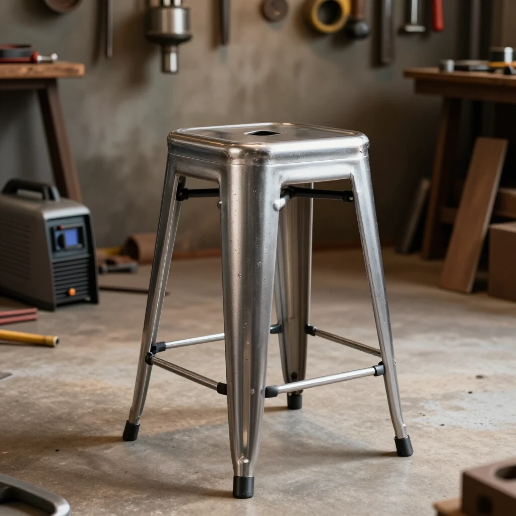 A polished steel shop stool centered in a rustic workshop with tools and metal scraps in the background.
