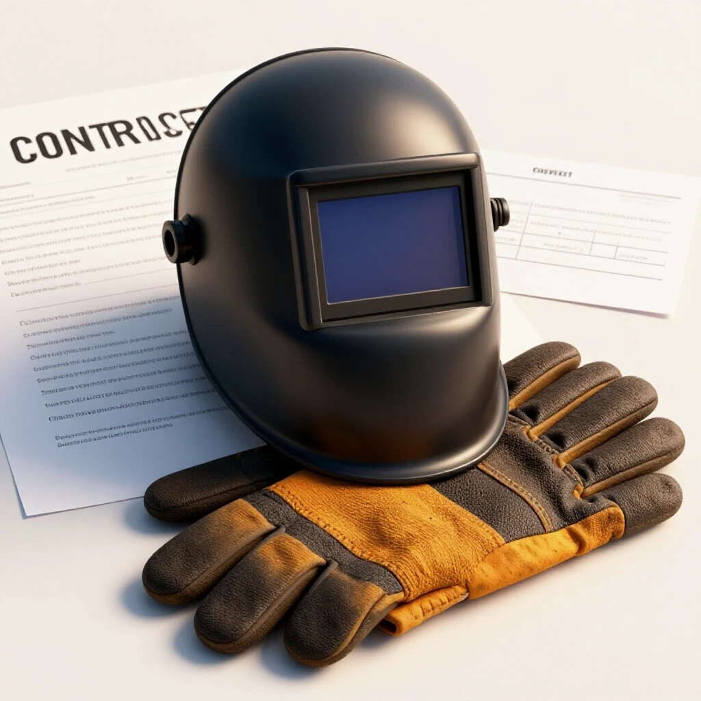 Sturdy welding helmet and gloves with a contract and deposit check in a bright, clean environment.