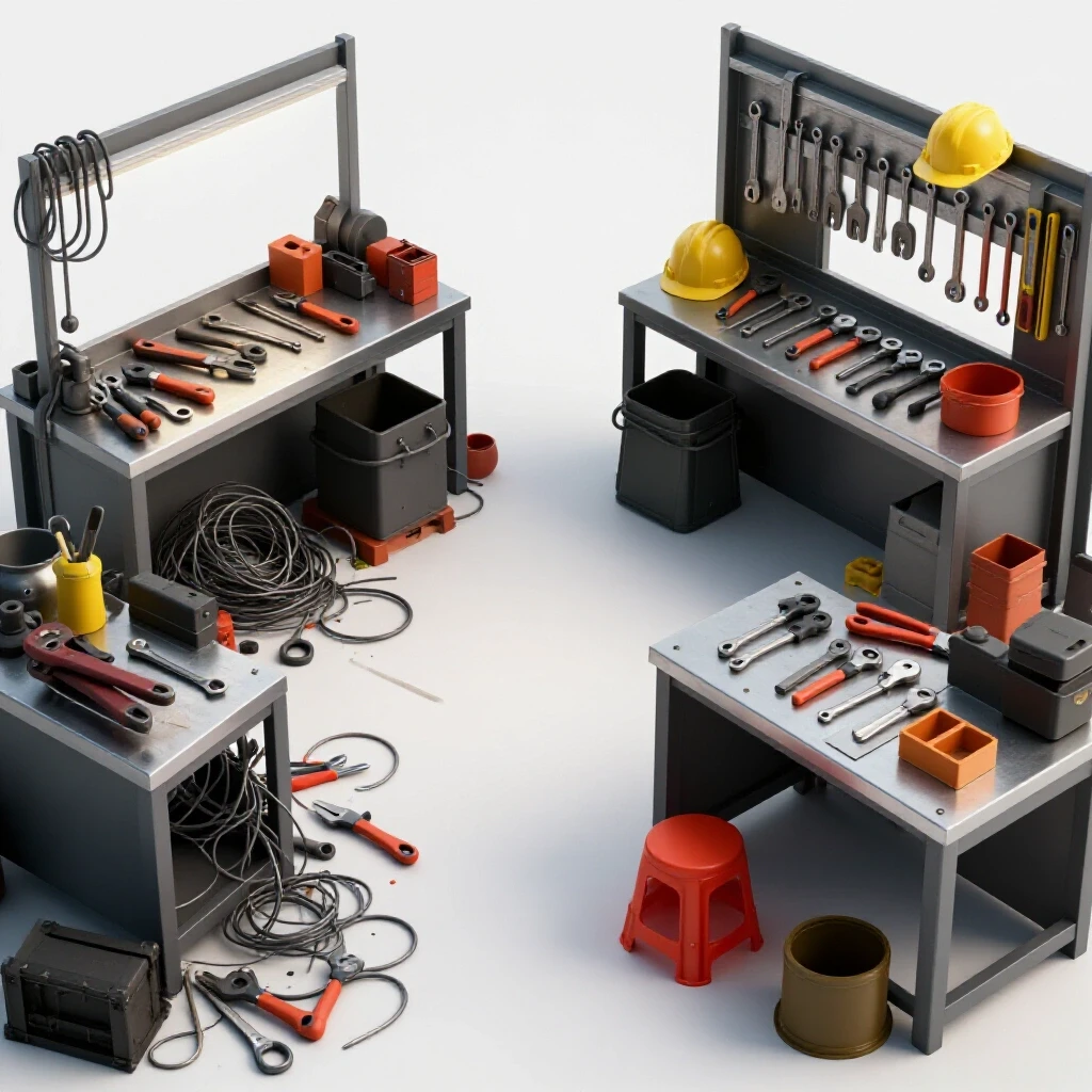A split scene showing a chaotic metalworking setup on one side and a well-organized workspace on the other, highlighting contrast.